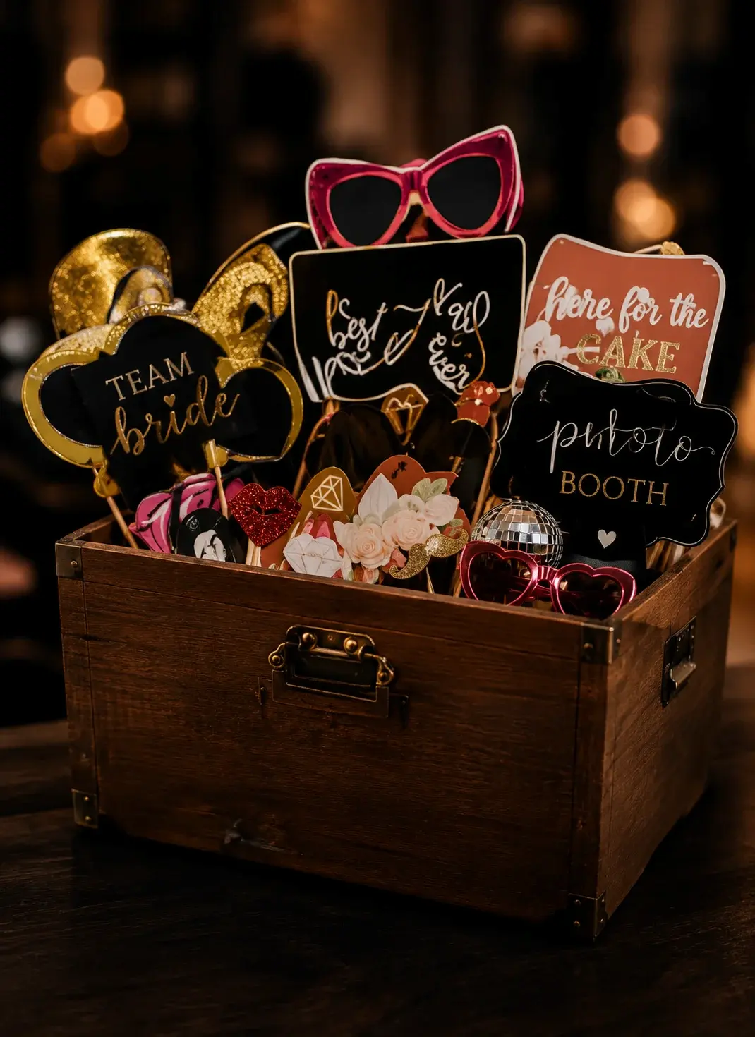 Wedding photo booth props arranged for guests